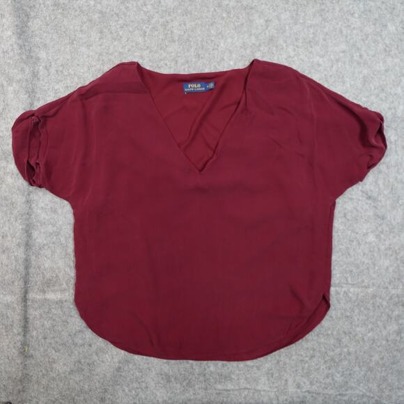 Polo Ralph Lauren Top Womens Medium Silk Blouse VNeck Short Sleeve Red Casual - Picture 1 of 10